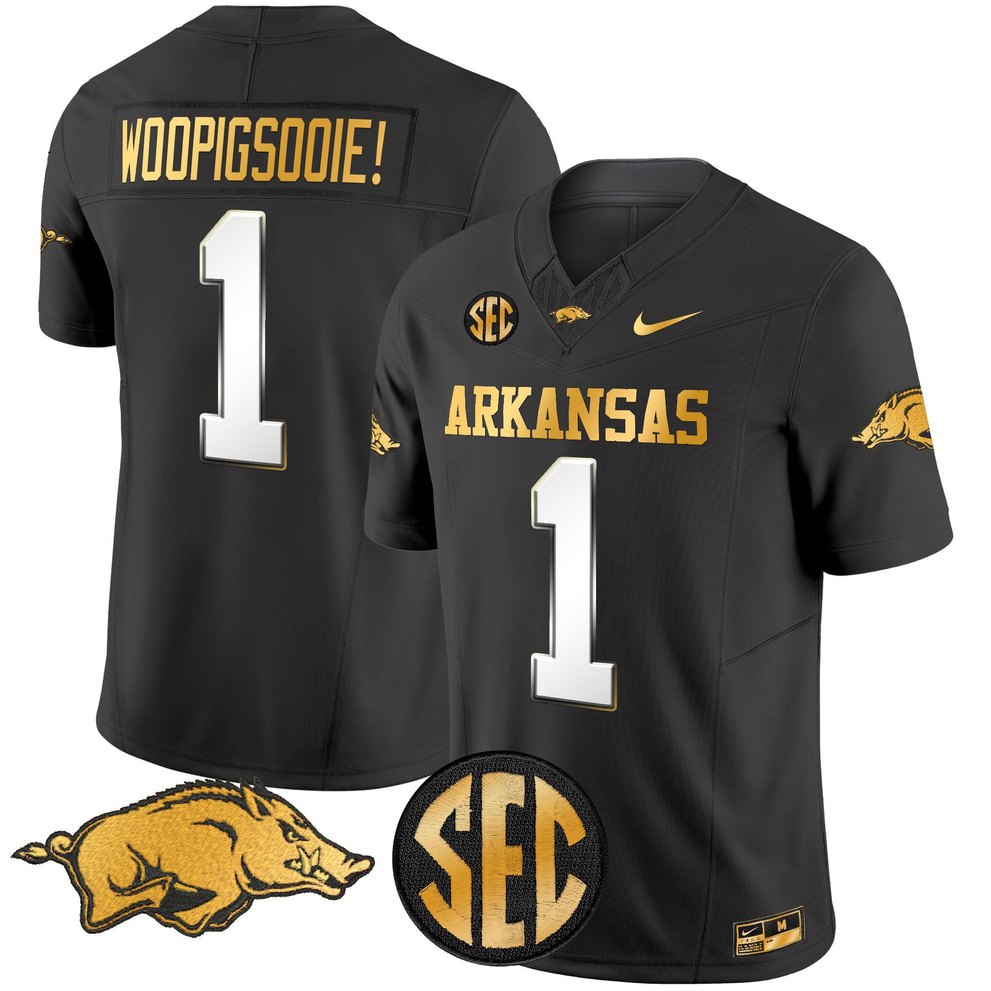 Men Arkansas Razorbacks #1 Woopigsooie Black Nike 2024 Gold Vapor Limited NCAA Jersey style 2